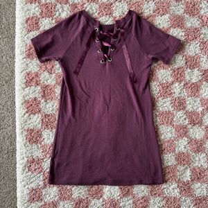 Garage Maroon Satin Lace-Up Tee Shirt Dress